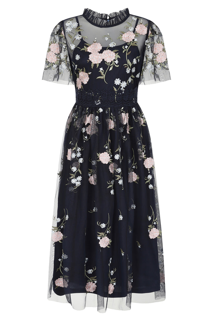 Delphine Floral Embroidered Midi Dress in Navy