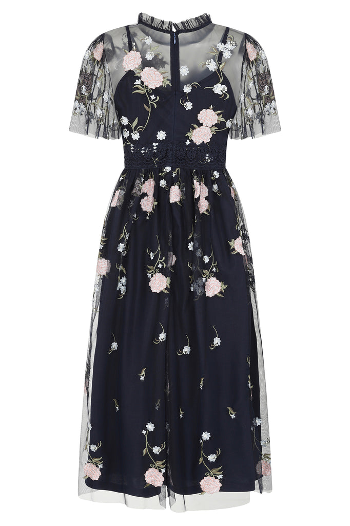Delphine Floral Embroidered Midi Dress in Navy
