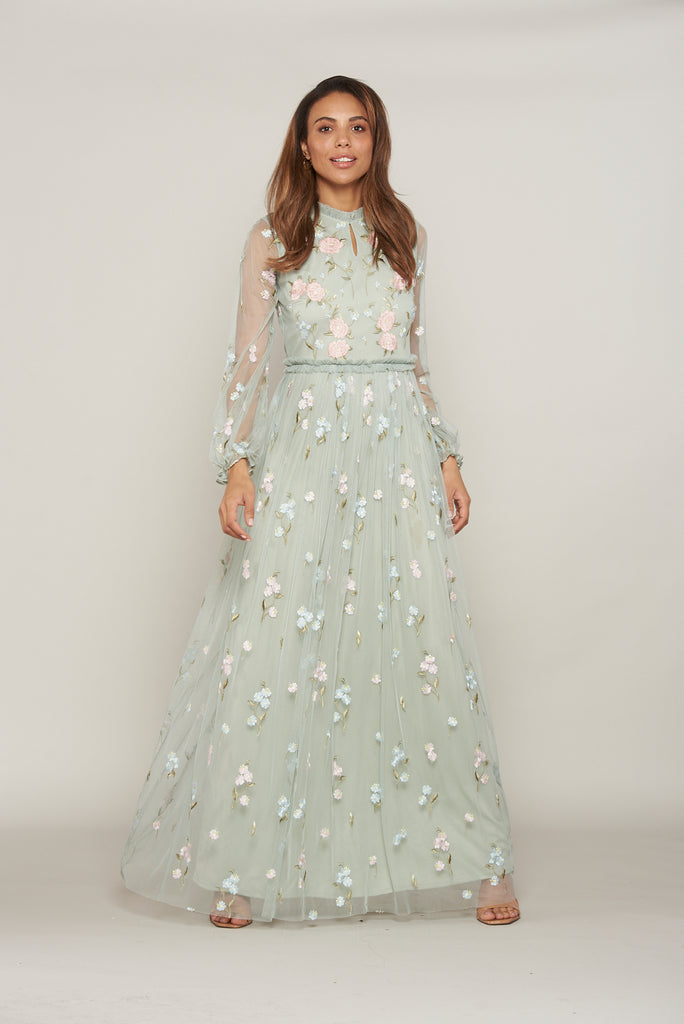 Dianella Green Floral Embroidered Maxi Dress