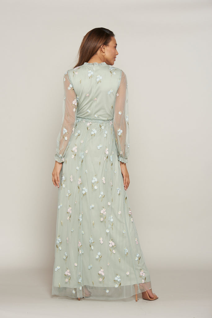Dianella Green Floral Embroidered Maxi Dress