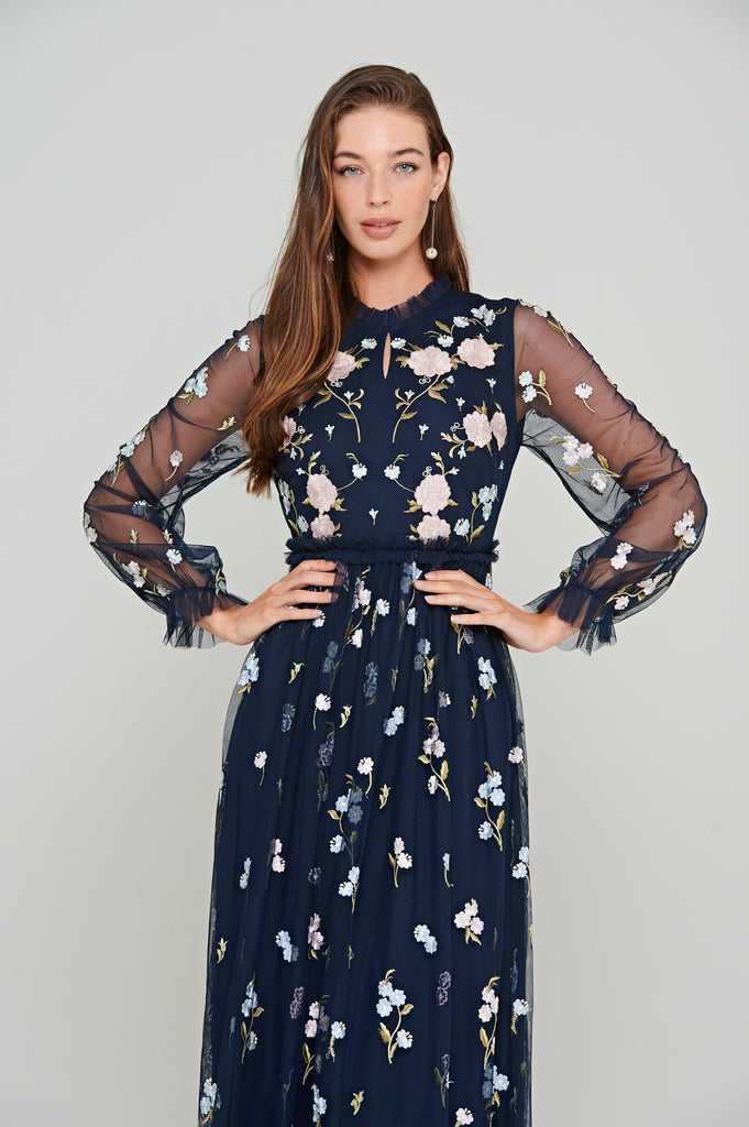 Dianella Navy Floral Embroidered Maxi Dress