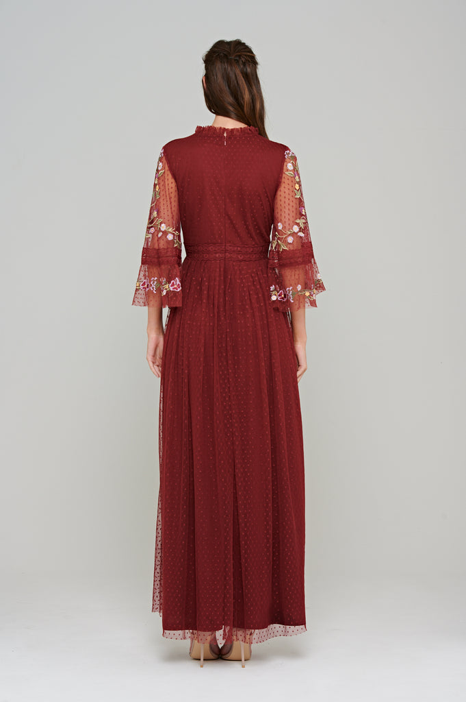 Diascia Floral Embroidered Maxi Dress in Berry Red