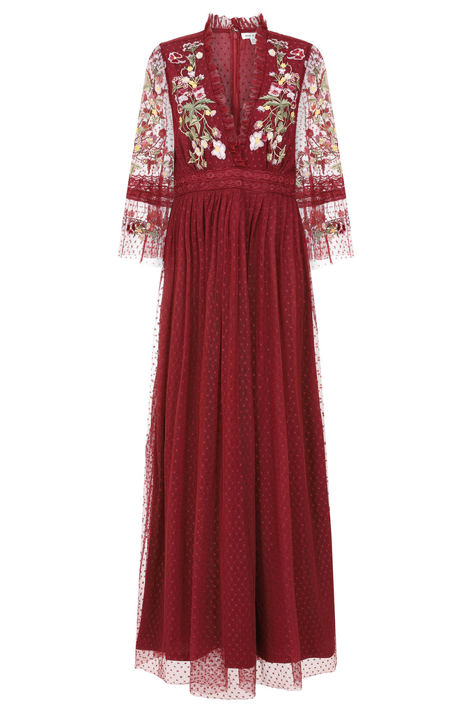 Diascia Floral Embroidered Maxi Dress in Berry Red