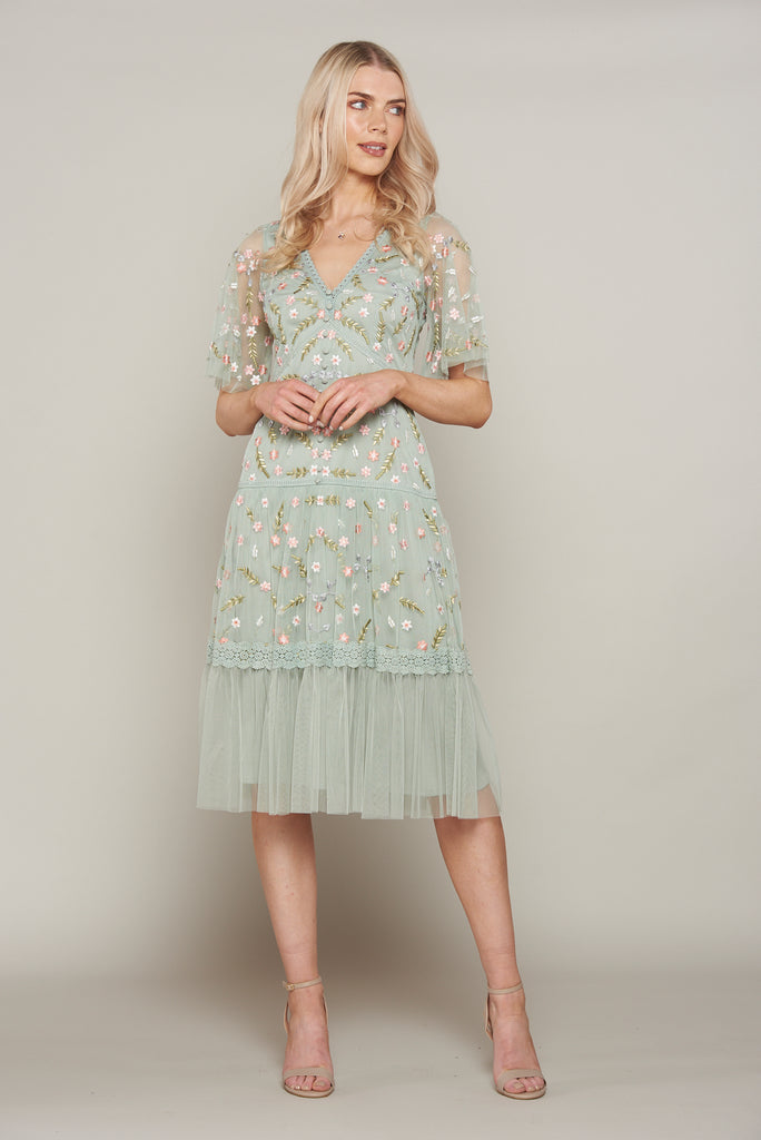 Eloise Floral Embroidered Dress in Sage