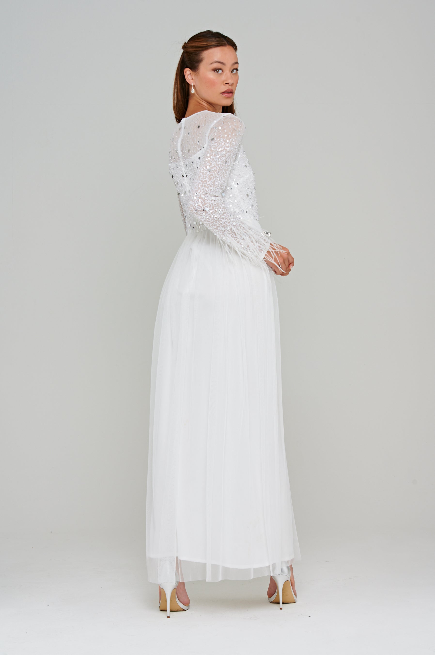 Eva White Embellished Maxi Dress with Feather Trim Frock and Frill Eva White Embellished Maxi Dress with Feather Trim Frock and Frill