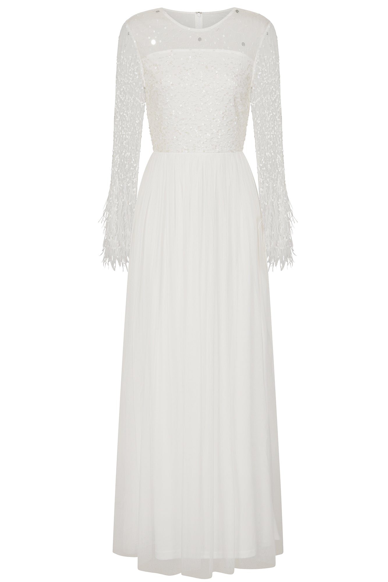 Eva White Embellished Maxi Dress with Feather Trim Frock and Frill Eva White Embellished Maxi Dress with Feather Trim Frock and Frill