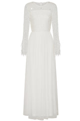 Eva Embellished Maxi Dress with Feather Trim in White