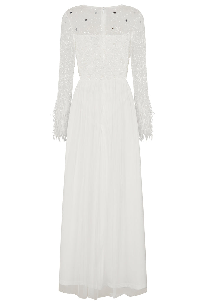 Eva White Embellished Maxi Dress with Feather Trim – Frock and Frill