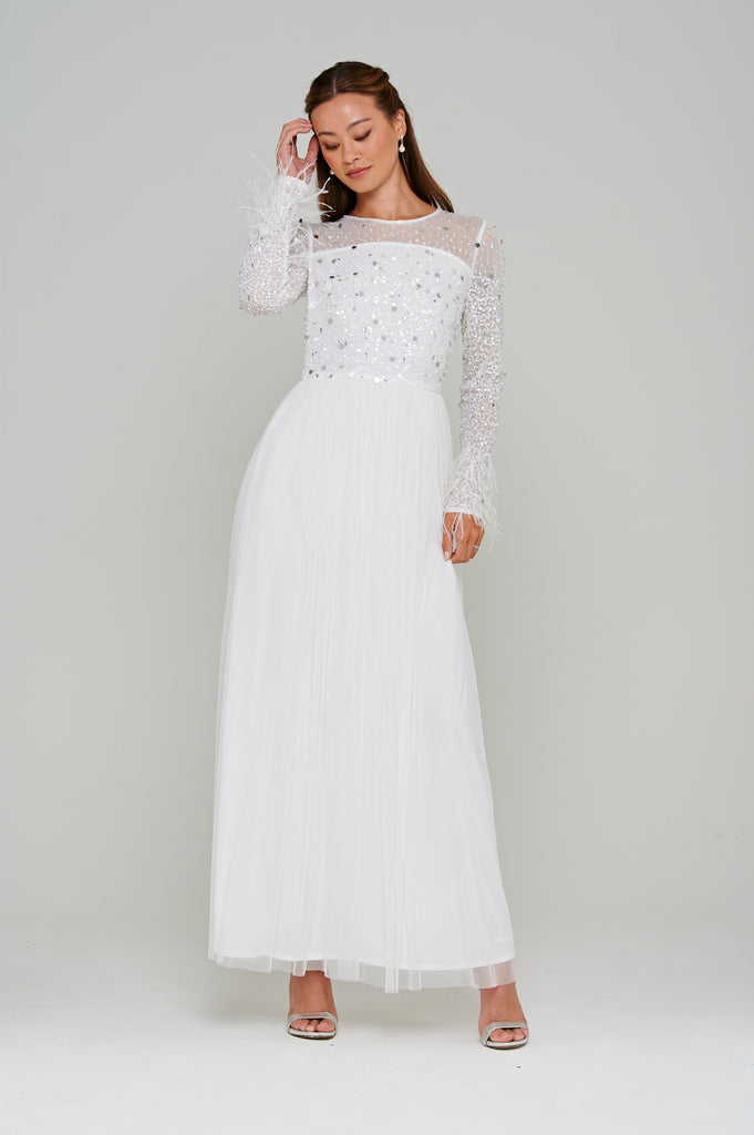 Eva Embellished Maxi Dress with Feather Trim in White