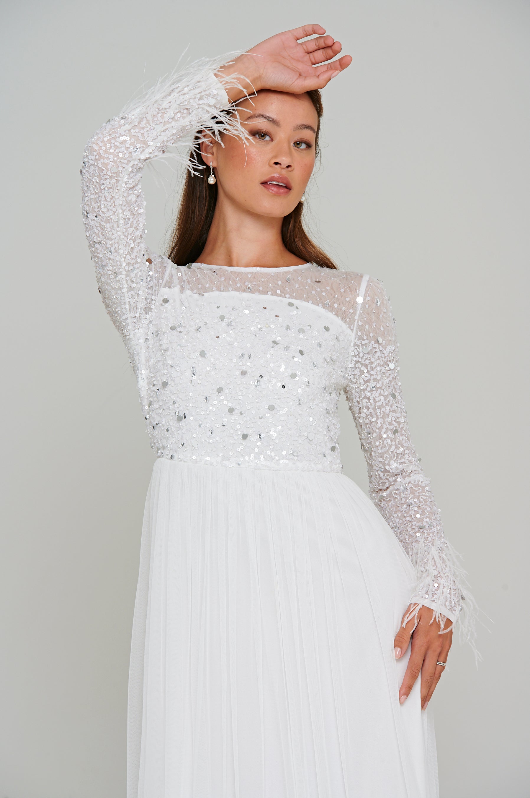 Eva White Embellished Maxi Dress with Feather Trim Frock and Frill Eva White Embellished Maxi Dress with Feather Trim Frock and Frill