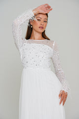 Eva Embellished Maxi Dress with Feather Trim in White