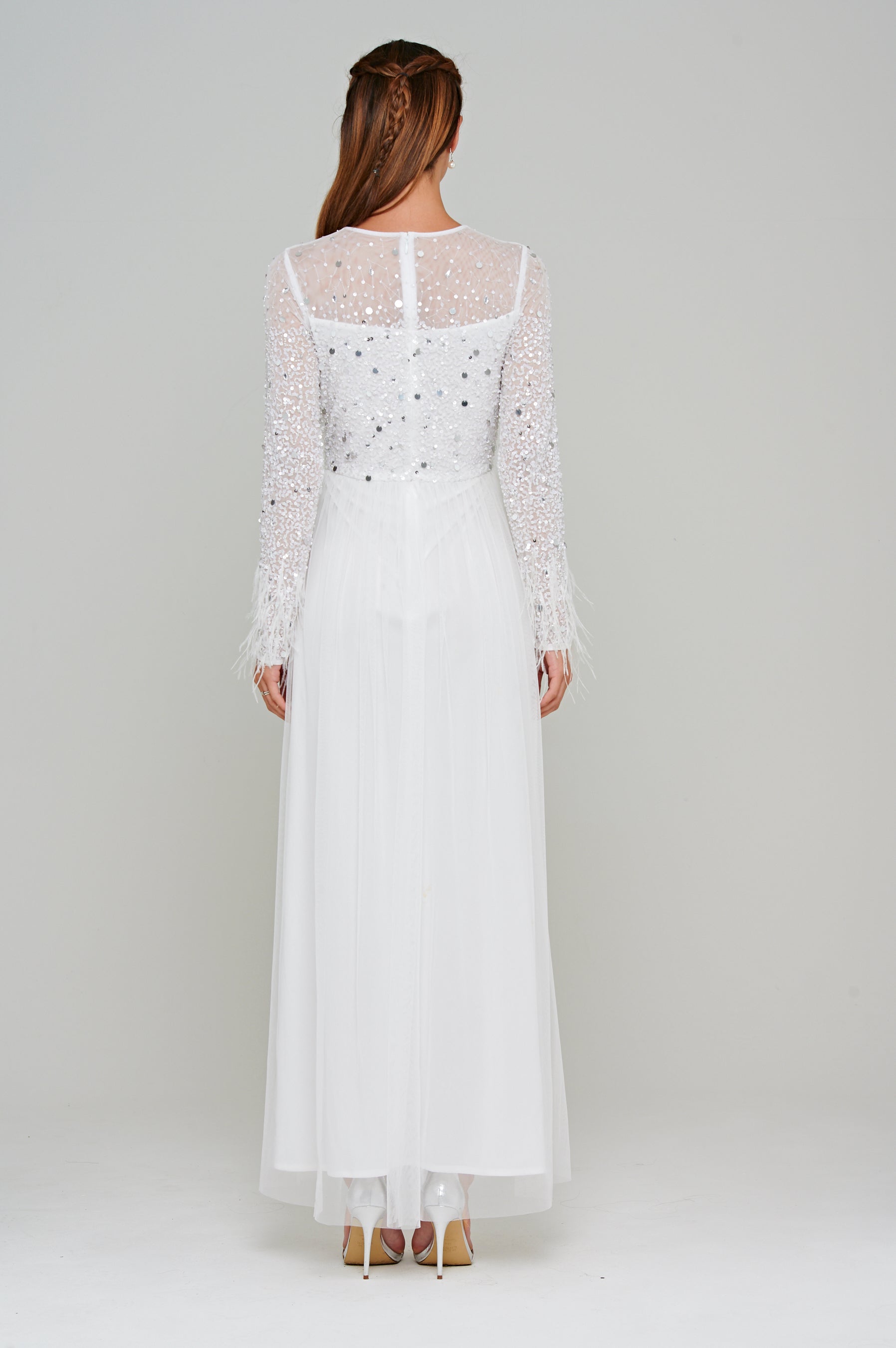 long white feather dress LUXURY FEATHER-TRIM CREPE MAXI DRESS | CULT MIA