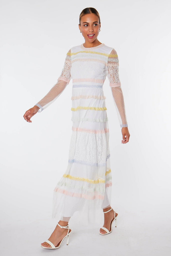 white lace tiered maxi dress PrettyLittleThing Women's Premium Lace Tiered Ruffle Frill Halterneck Maxi Dress in Cream