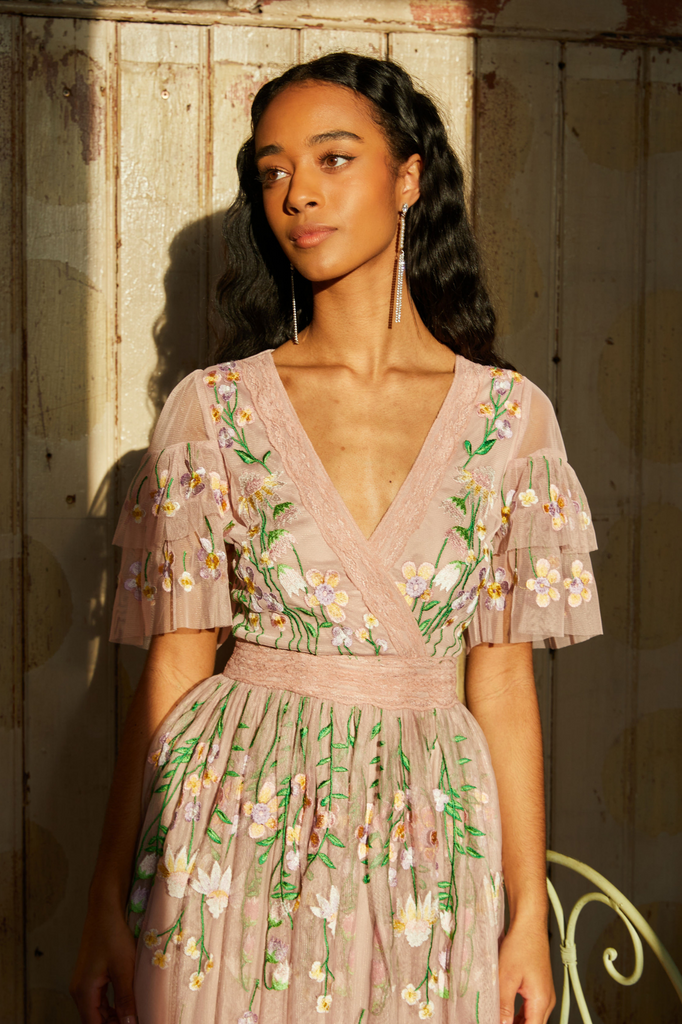 Lacia Pink Floral Embroidered Midi Dress Frock and Frill