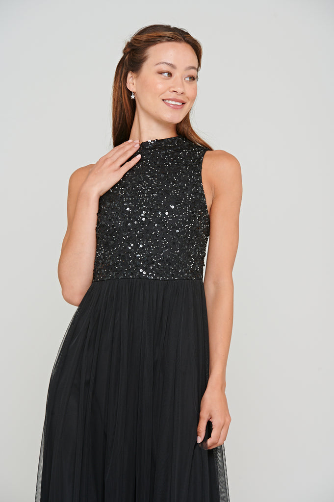 Gwendoline Black Sequin Bodice Maxi Dress – Frock and Frill