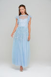 Hannah Blue Scatter Sequin Maxi Dress with Ruffled Shoulders