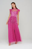 Hannah Fuchsia Scatter Sequin Maxi Dress with Ruffled Shoulders