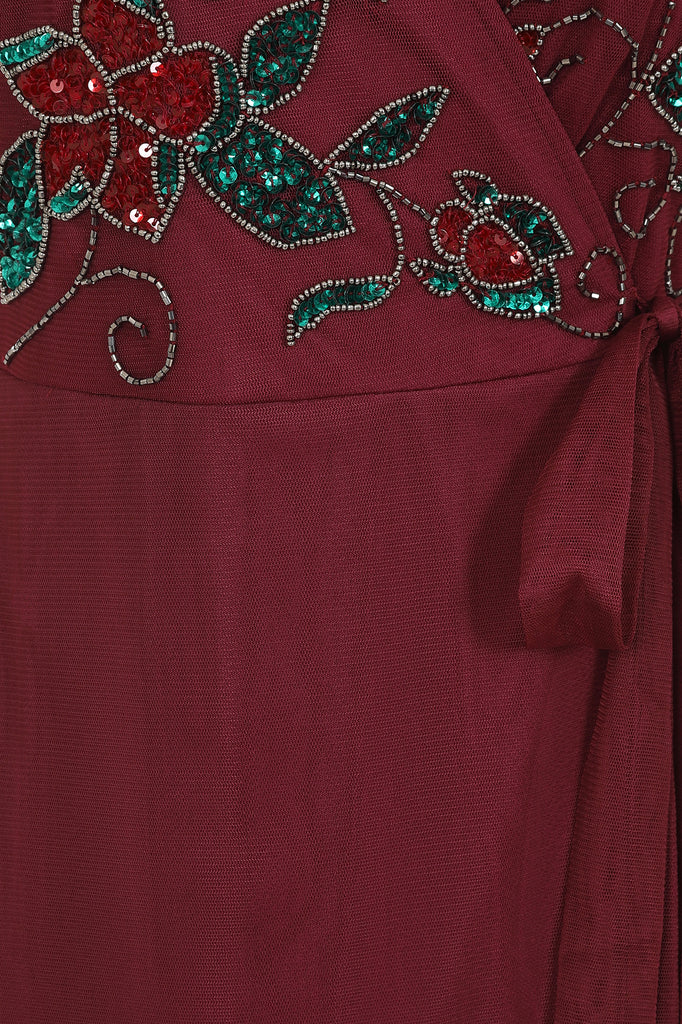 Imogen Embellished Bodice Wrap Dress in Burgundy