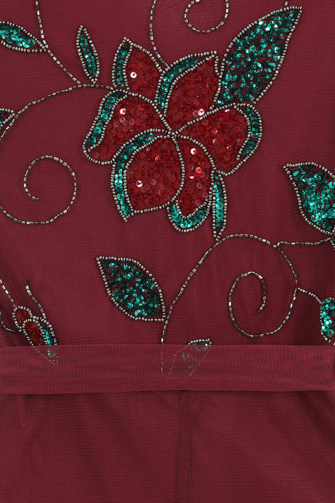 Imogen Embellished Bodice Wrap Dress in Burgundy