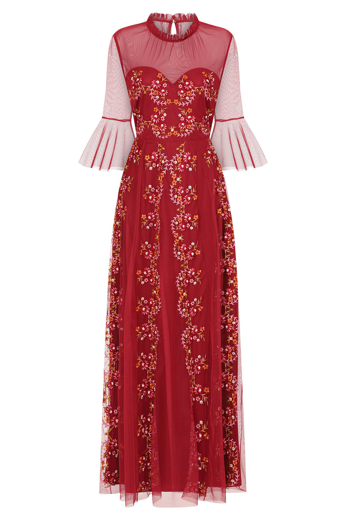 Jacinda Burgundy Embroidered Maxi Dress