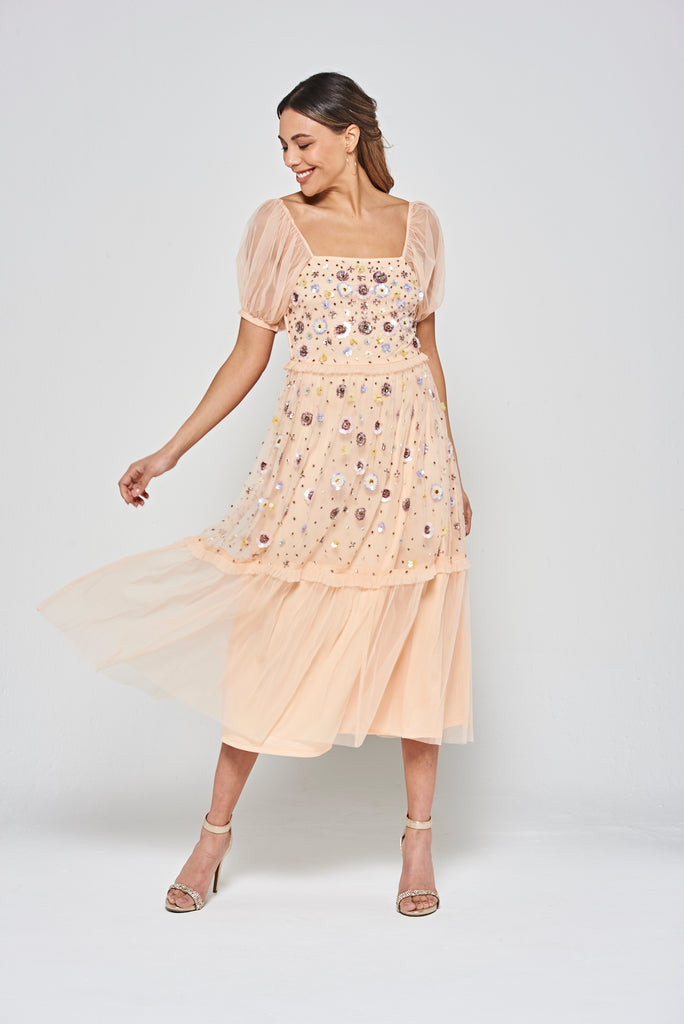 Jalin Floral Embellished Midi Dress in Almond