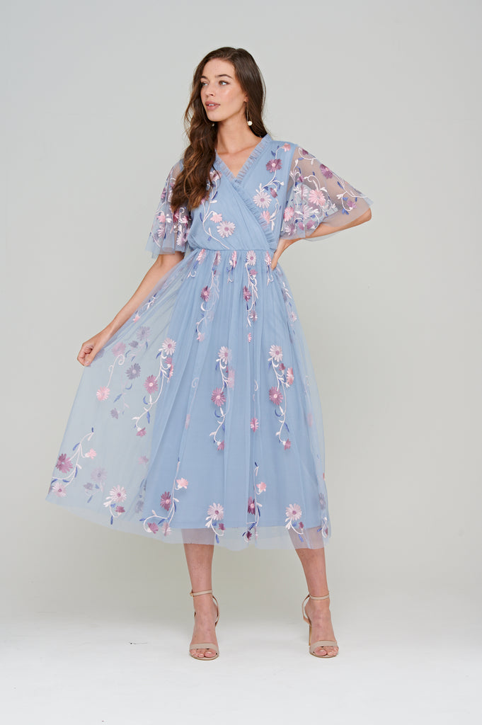 Joie Sea Ice Blue Floral Embroidered Wrap Front Midi Dress
