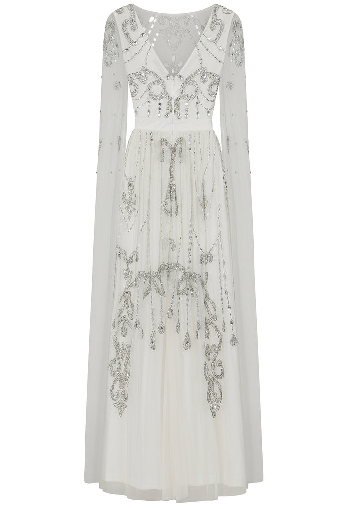 Juanita White Embellished Maxi Dress with Cape Sleeves