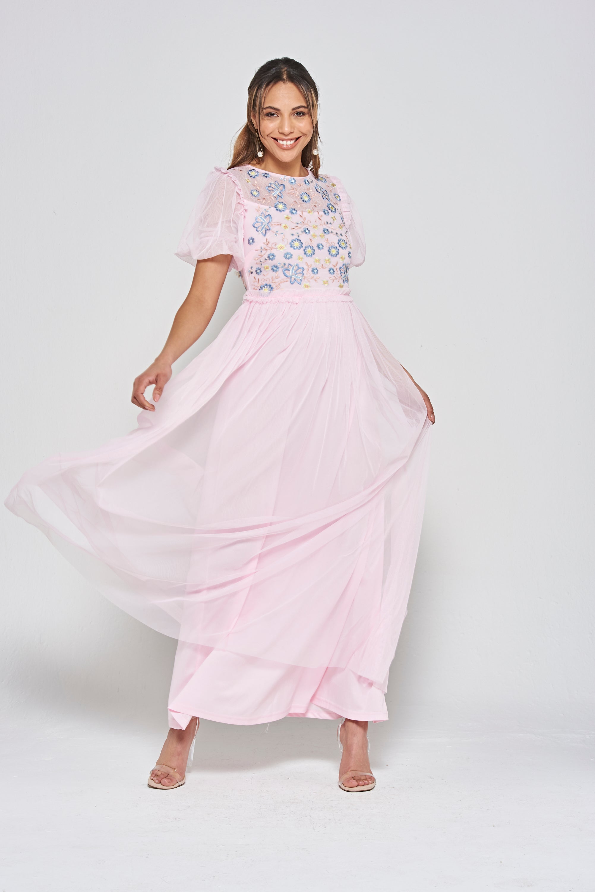 Laraline Blush Puff Sleeve Maxi Dress with Floral Embroidery Frock and Frill Laraline Blush Puff Sleeve Maxi Dress with Floral Embroidery Frock and Frill
