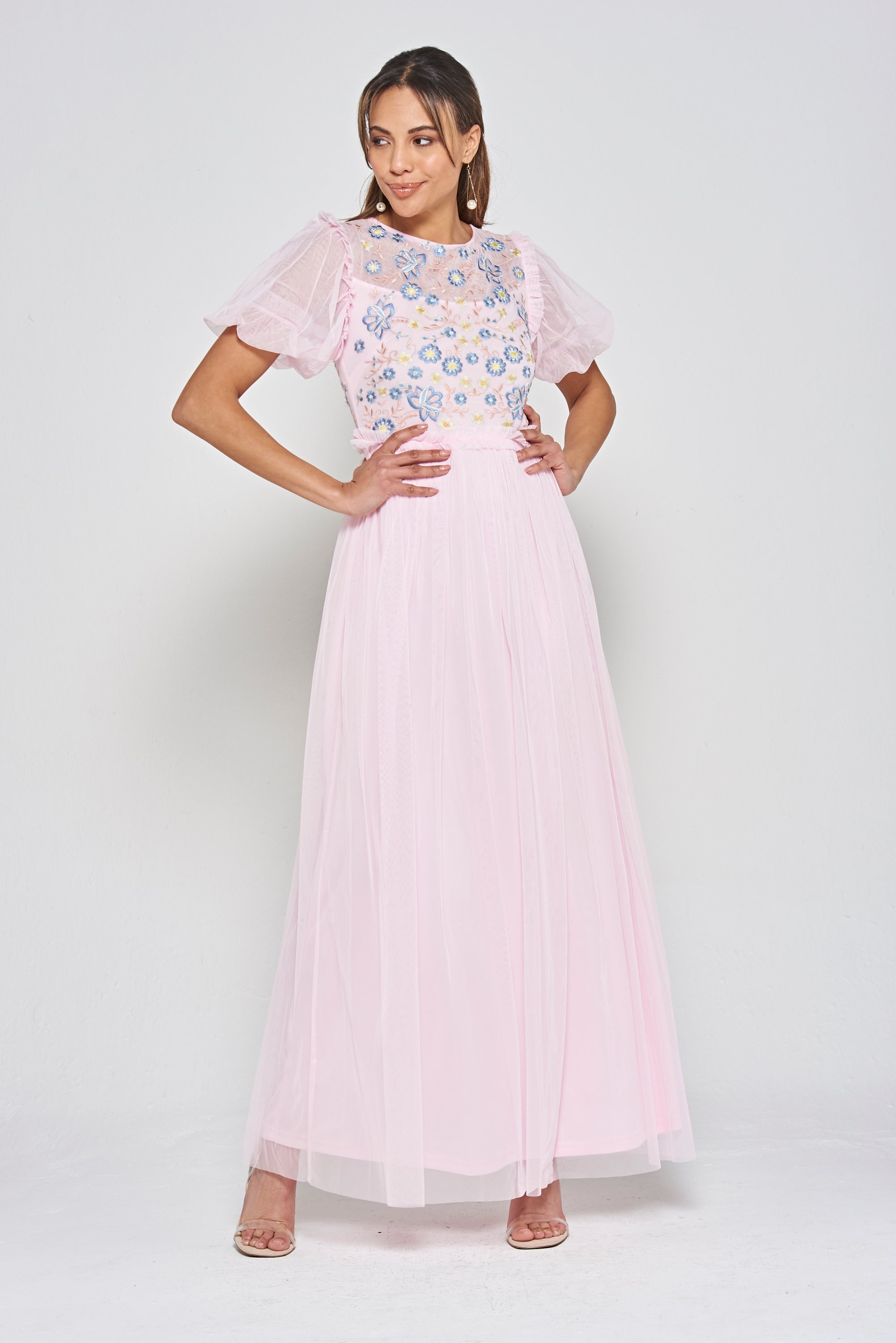 Laraline Blush Puff Sleeve Maxi Dress with Floral Embroidery Frock and Frill Laraline Blush Puff Sleeve Maxi Dress with Floral Embroidery Frock and Frill