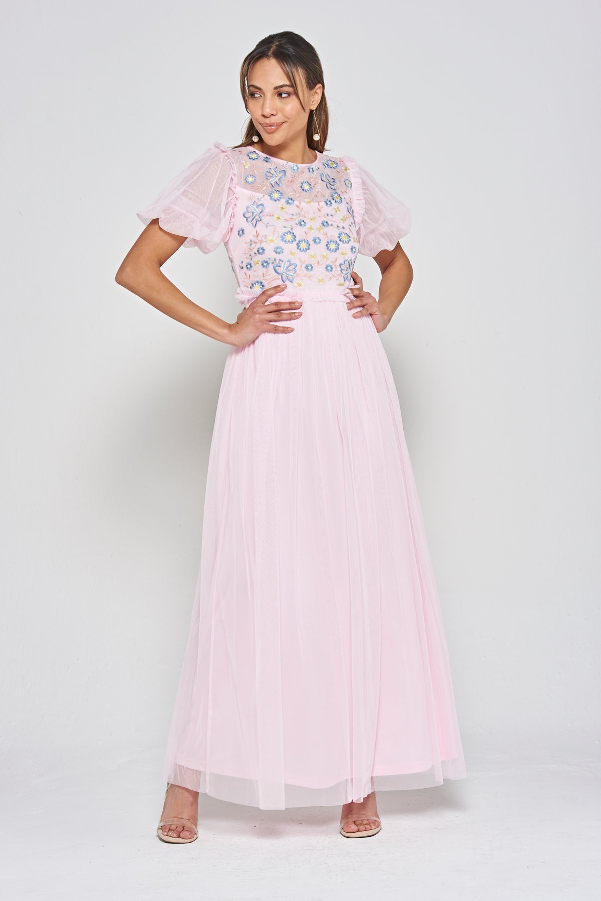 Laraline Blush Puff Sleeve Maxi Dress with Floral Embroidery – Frock