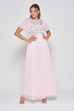 Laraline Blush Puff Sleeve Maxi Dress with Floral Embroidery