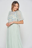 Laraline Green Puff Sleeve Maxi Dress with Floral Embroidery
