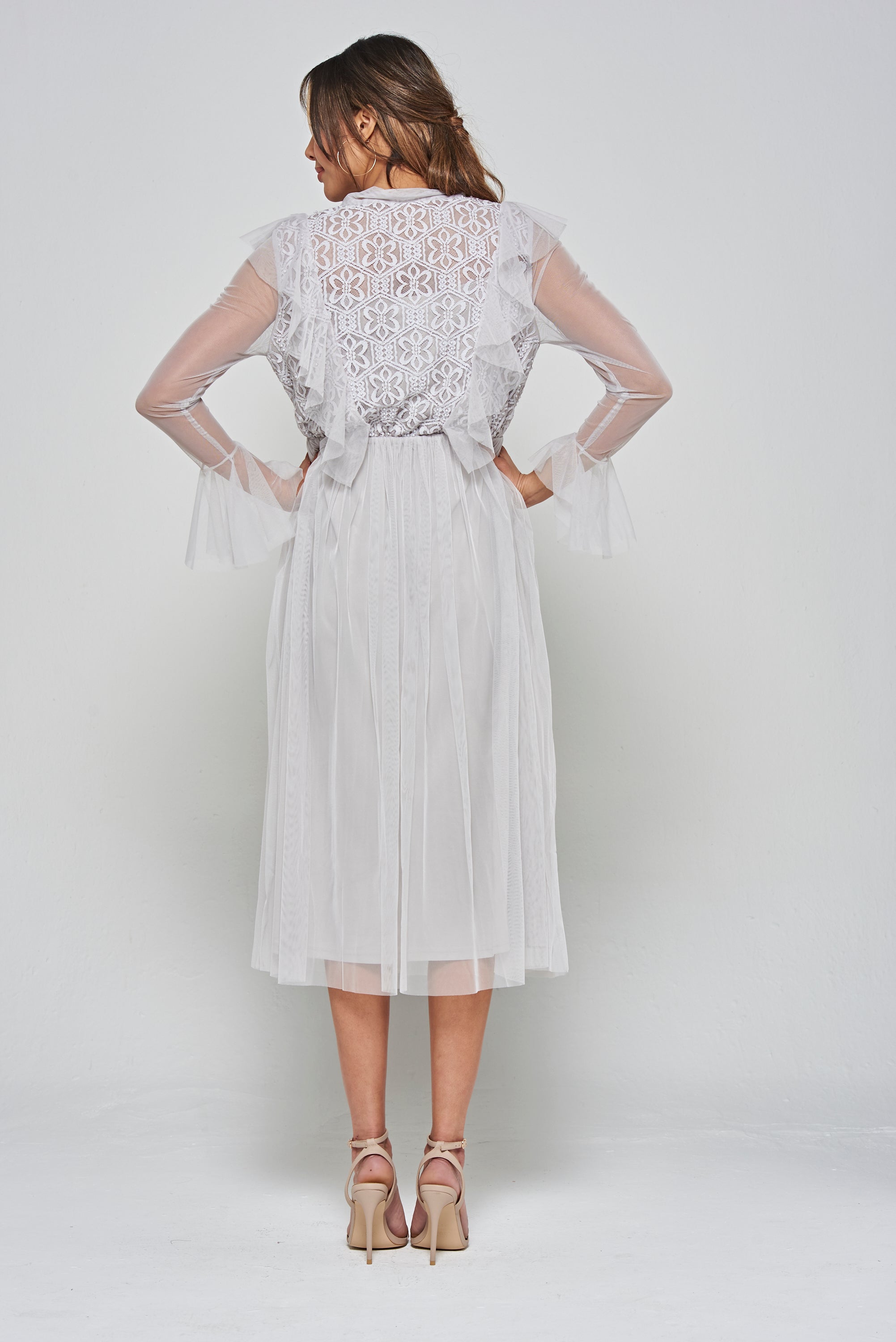Lark Grey Ruffle and Lace Pussybow Midi Dress Frock and Frill Lark Grey Ruffle and Lace Pussybow Midi Dress Frock and Frill