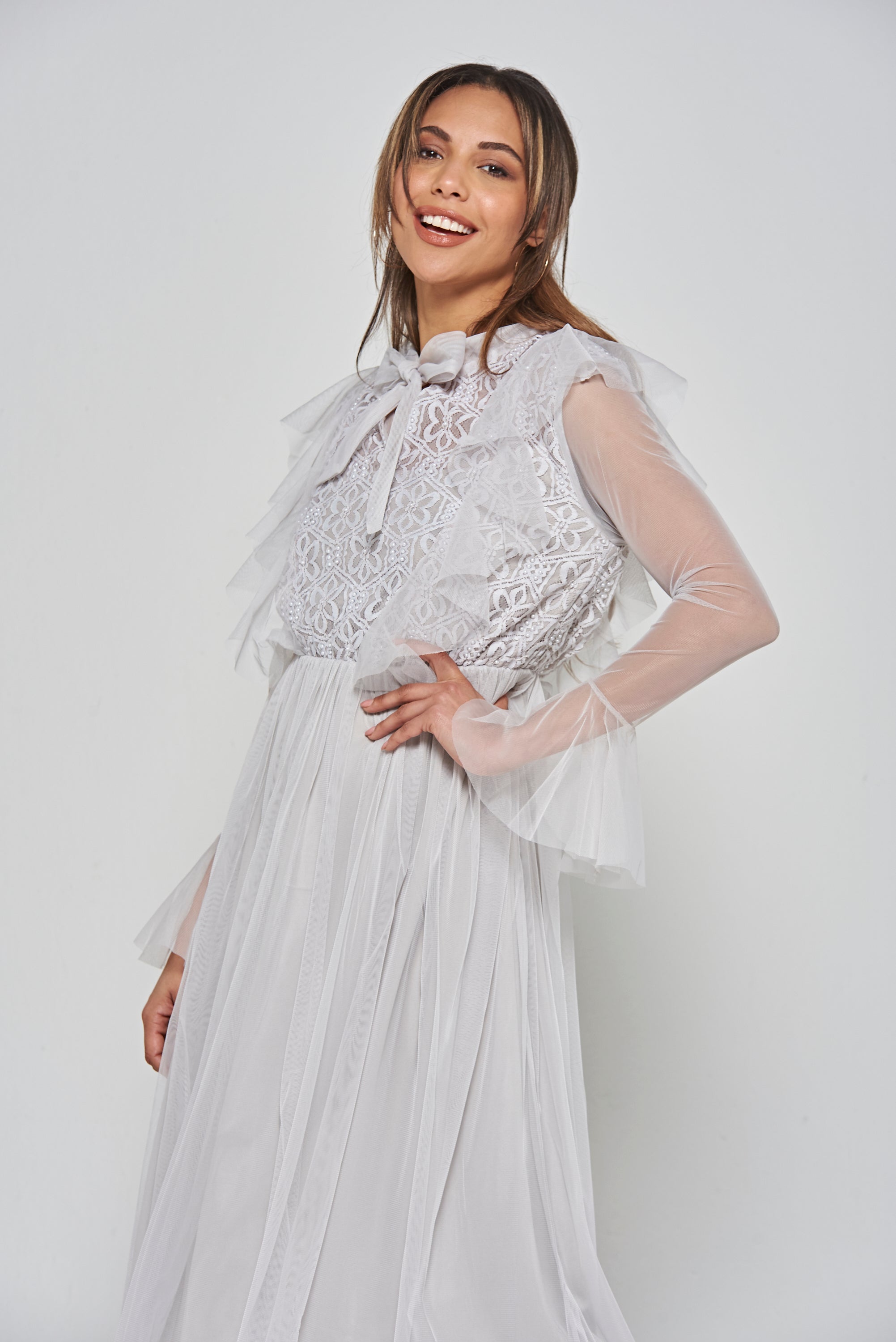 Lark Grey Ruffle and Lace Pussybow Midi Dress – Frock and Frill Lark Grey Ruffle and Lace Pussybow Midi Dress – Frock and Frill