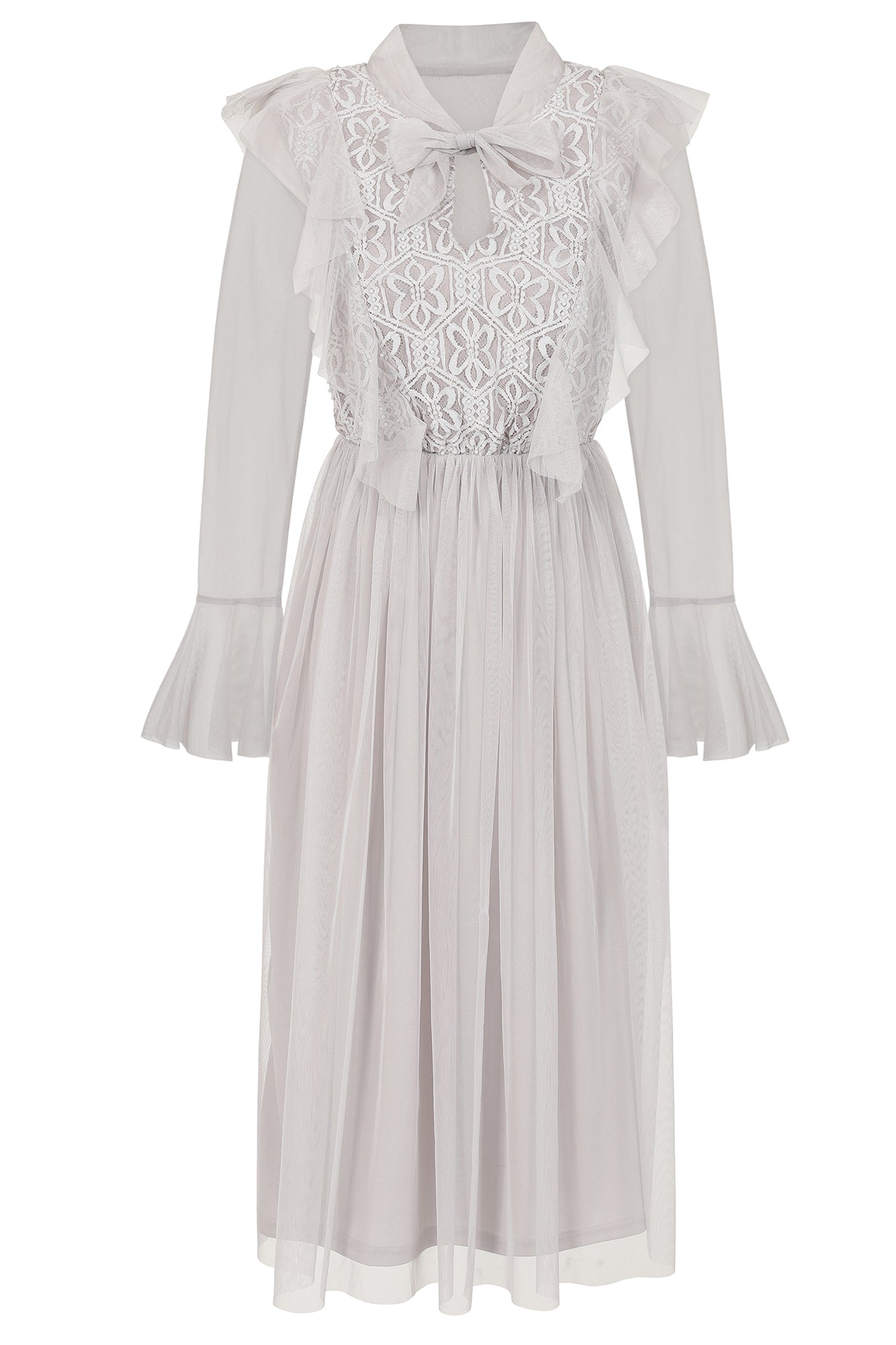 Lark Grey Ruffle and Lace Pussybow Midi Dress Frock and Frill Lark Grey Ruffle and Lace Pussybow Midi Dress Frock and Frill