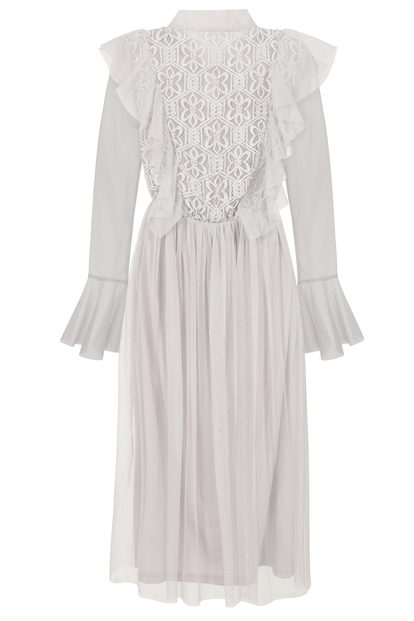 Lark Grey Ruffle and Lace Pussybow Midi Dress Frock and Frill Lark Grey Ruffle and Lace Pussybow Midi Dress Frock and Frill
