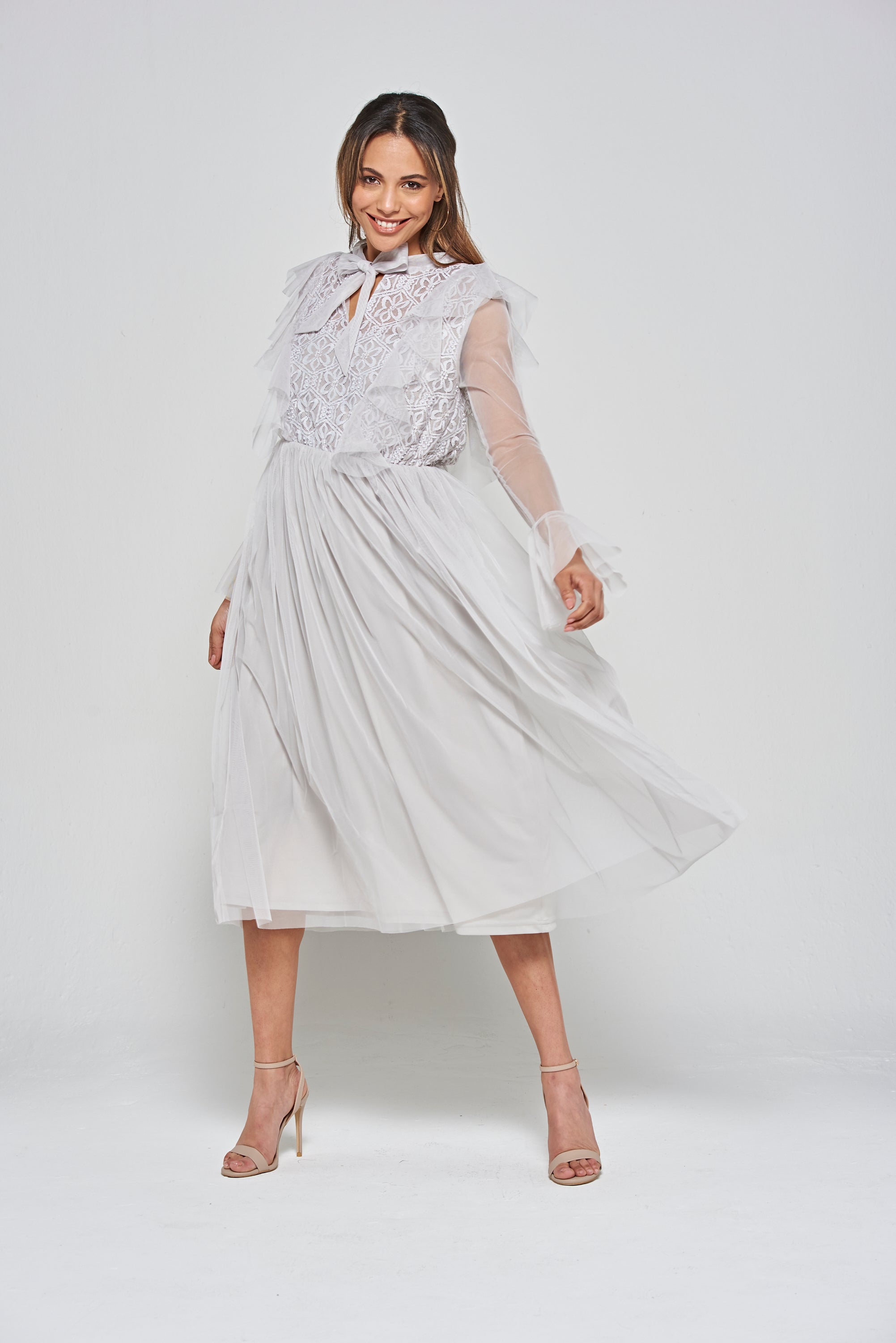  Lark Ruffle and Lace Midi Dress in Grey