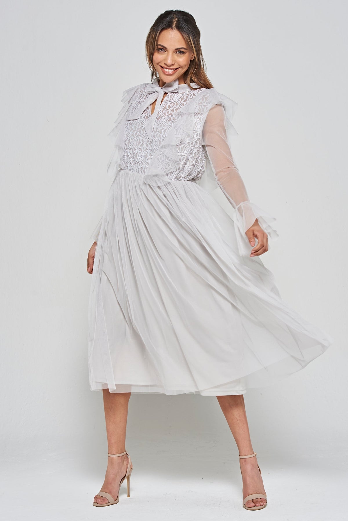 Lark Grey Ruffle and Lace Pussybow Midi Dress Frock and Frill Lark Grey Ruffle and Lace Pussybow Midi Dress Frock and Frill