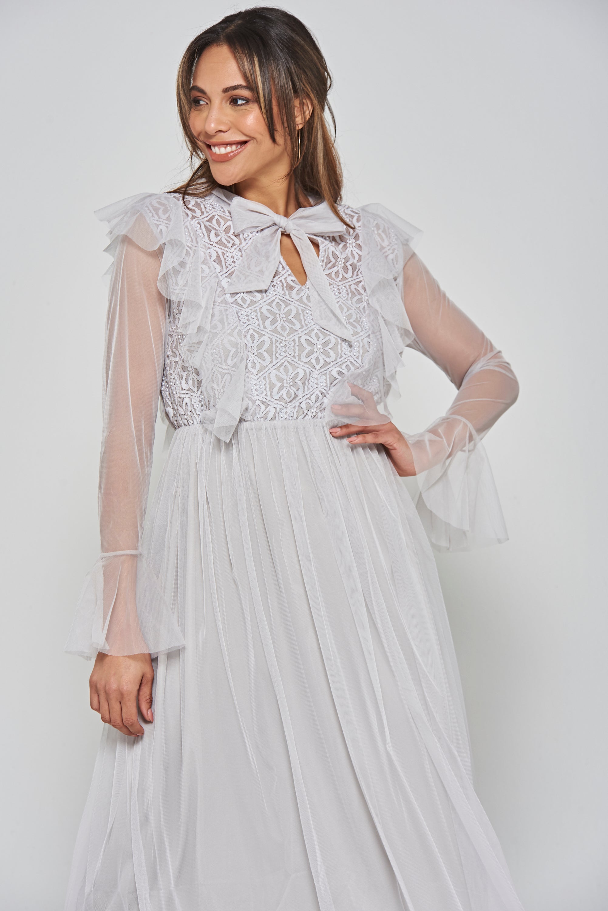 Lark Grey Ruffle and Lace Pussybow Midi Dress Frock and Frill Lark Grey Ruffle and Lace Pussybow Midi Dress Frock and Frill