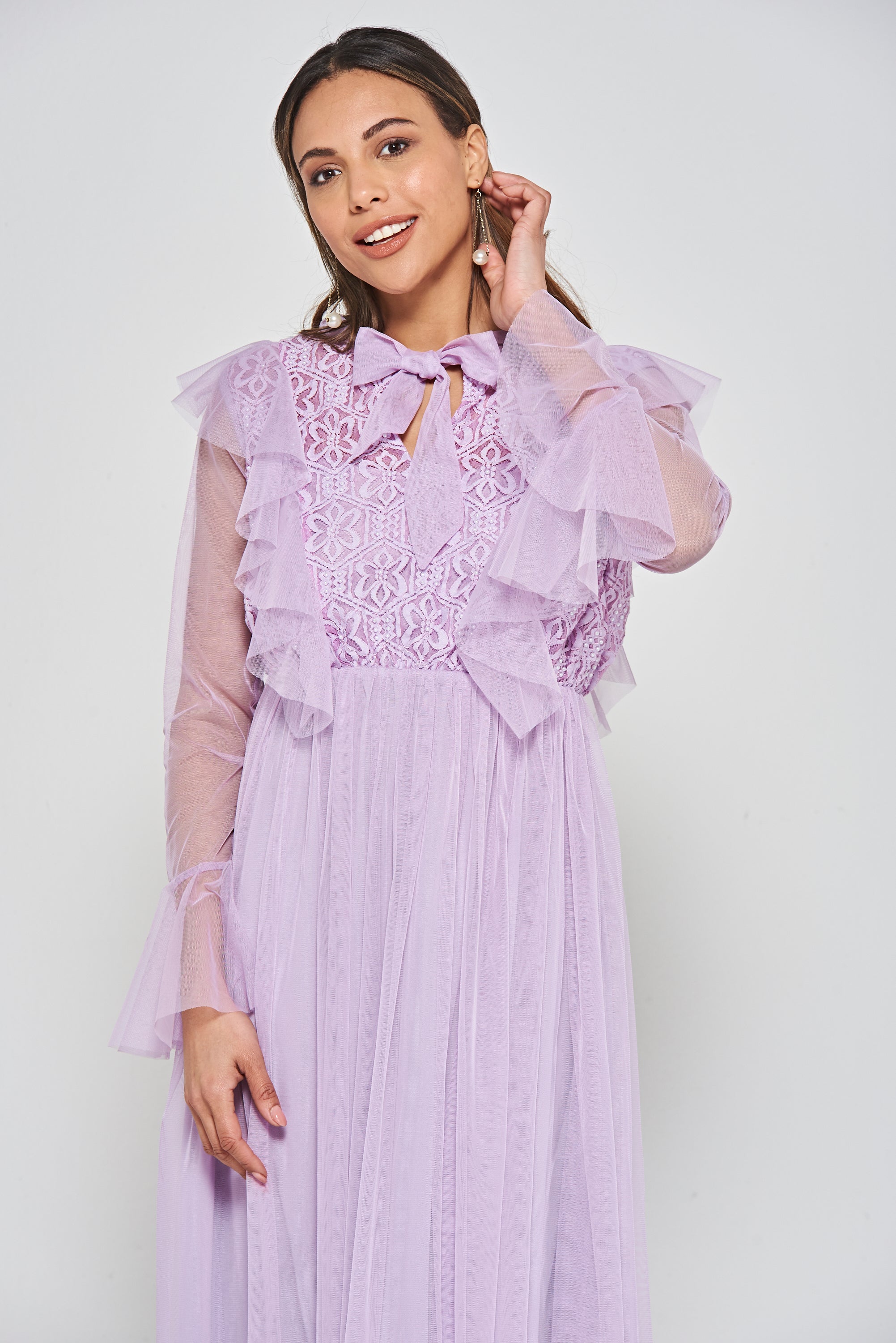 Lark Ruffle and Lace Midi Dress in Lilac