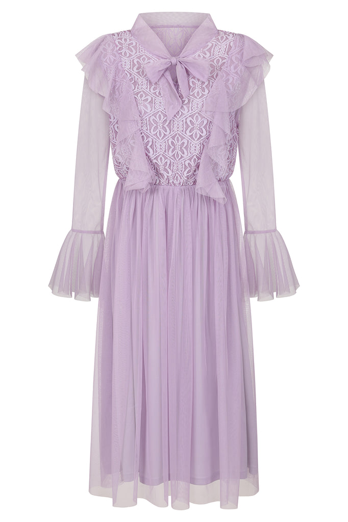 Lark Ruffle and Lace Midi Dress in Lilac