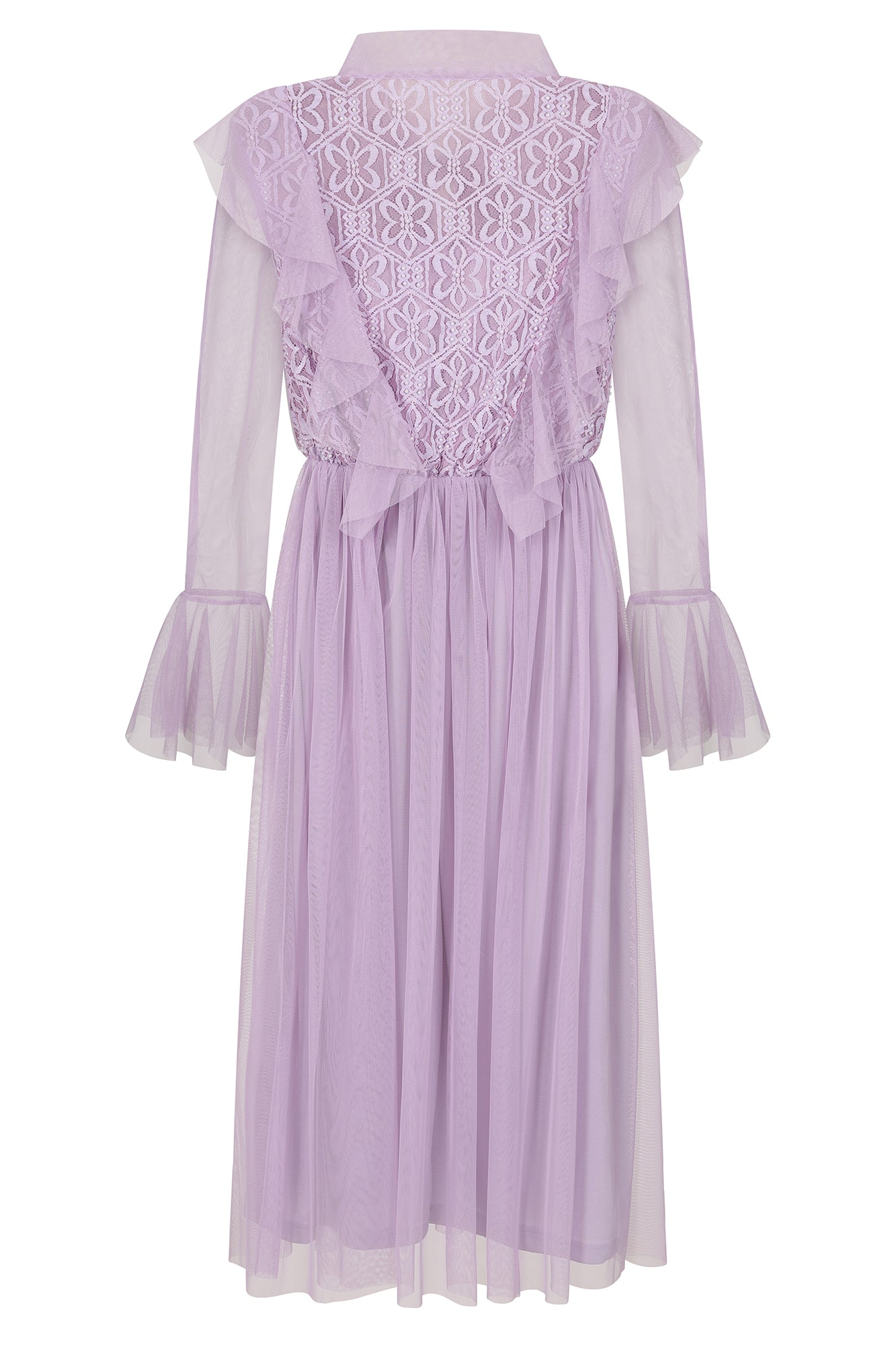 Lark Ruffle and Lace Midi Dress in Lilac