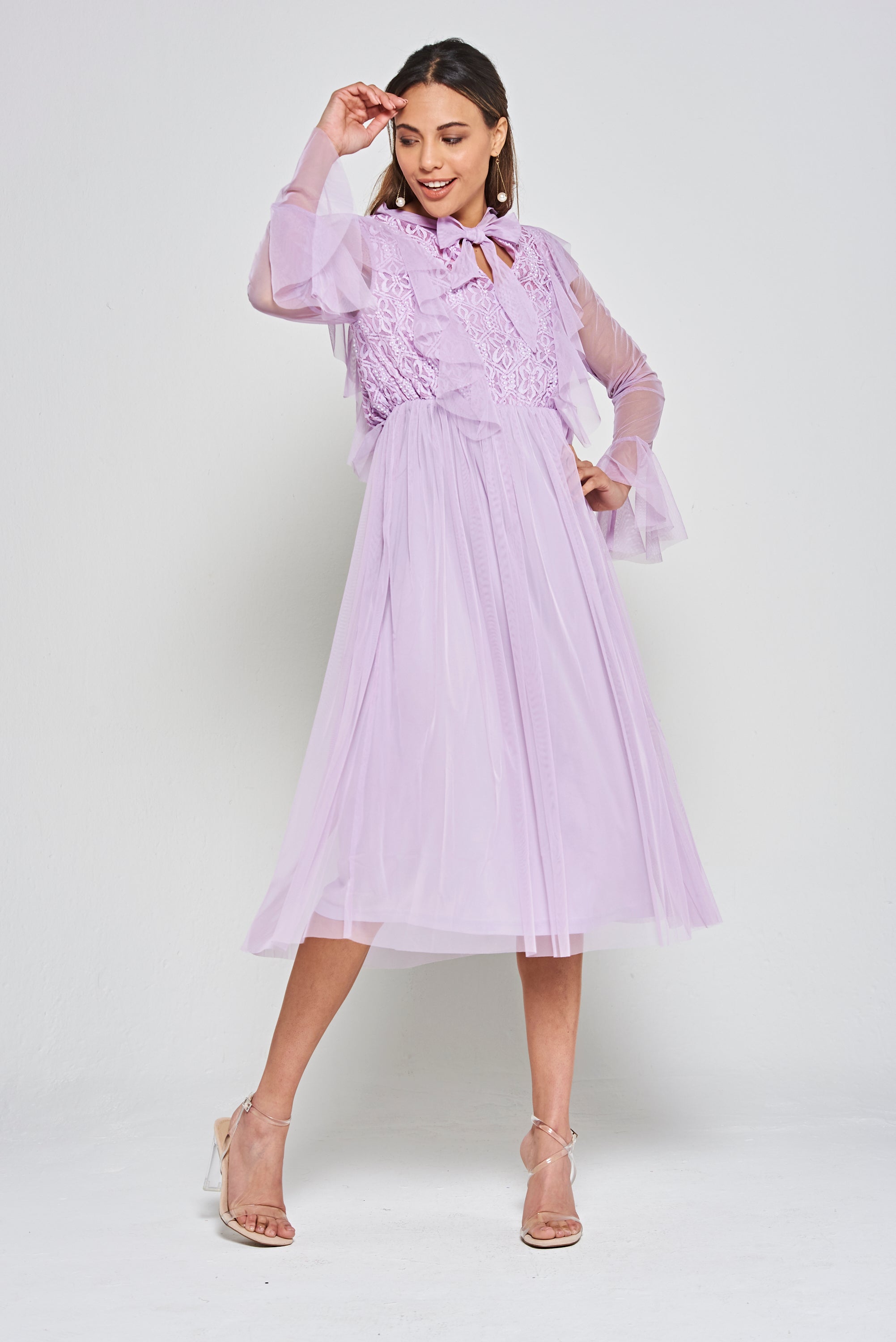 Lark Ruffle and Lace Midi Dress in Lilac