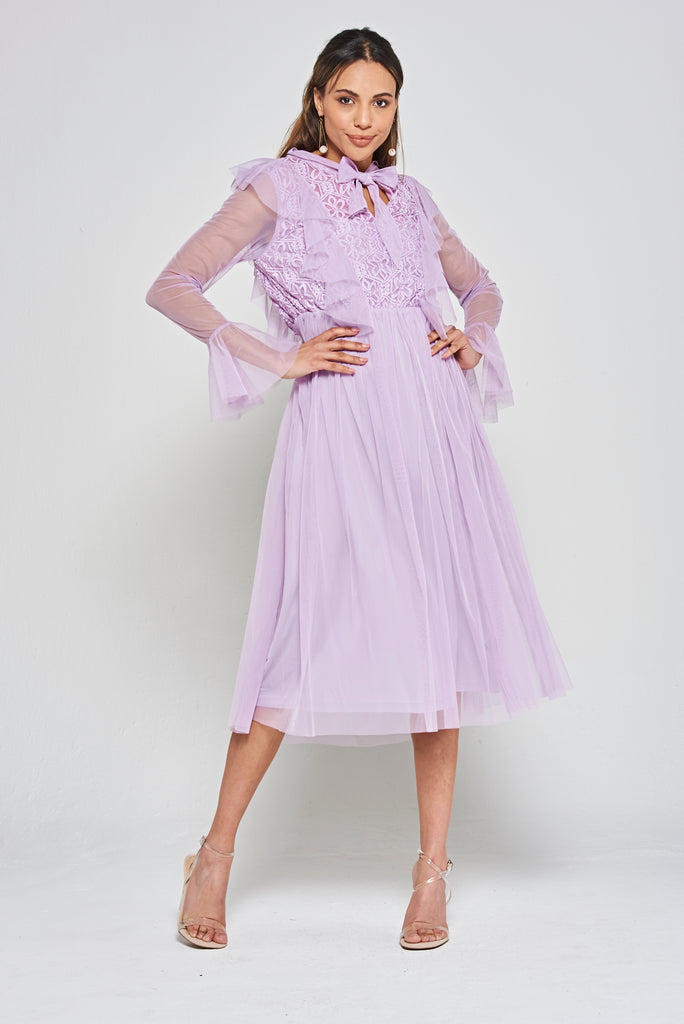 Lark Ruffle and Lace Midi Dress in Lilac