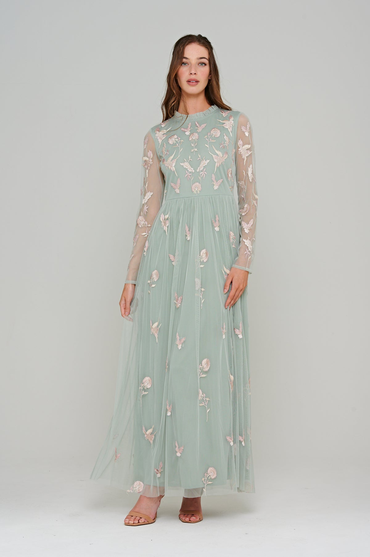 Loa Green Long Sleeve Embroidered Maxi Dress