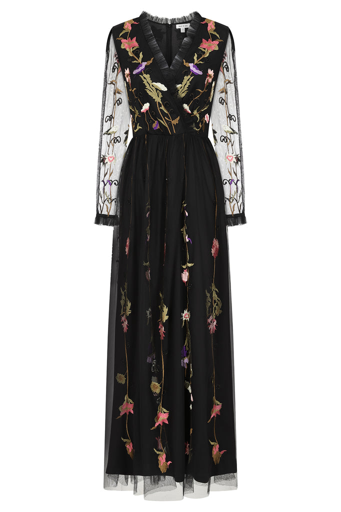 Lorene Black Floral Embroidered Maxi Dress – Frock and Frill