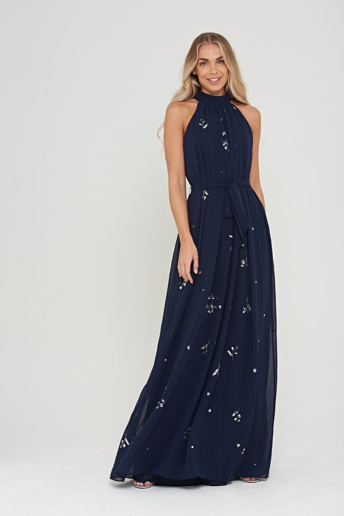 Lucille Embellished Halter Neck Maxi Dress – Frock and Frill