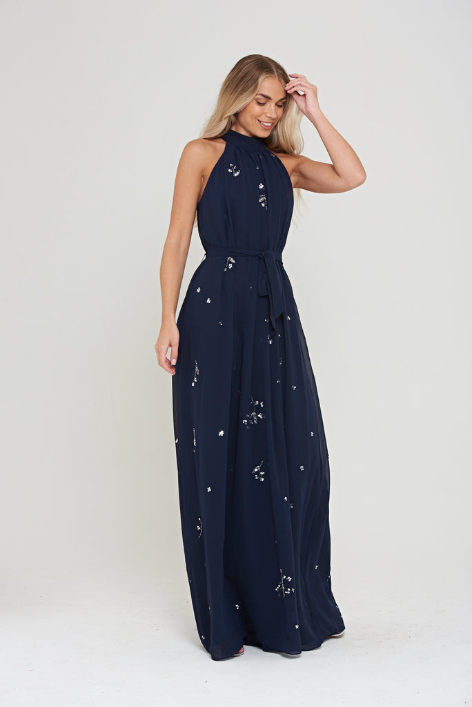 Lucille Embellished Halter Neck Maxi Dress – Frock and Frill