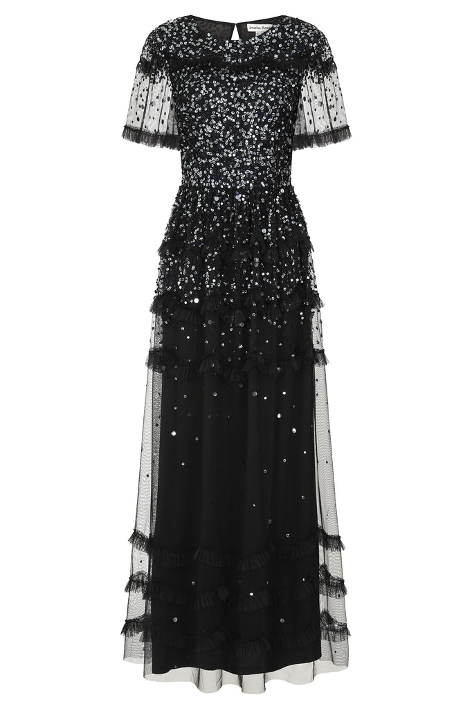 Lydia Black Tiered Sequin Maxi Dress