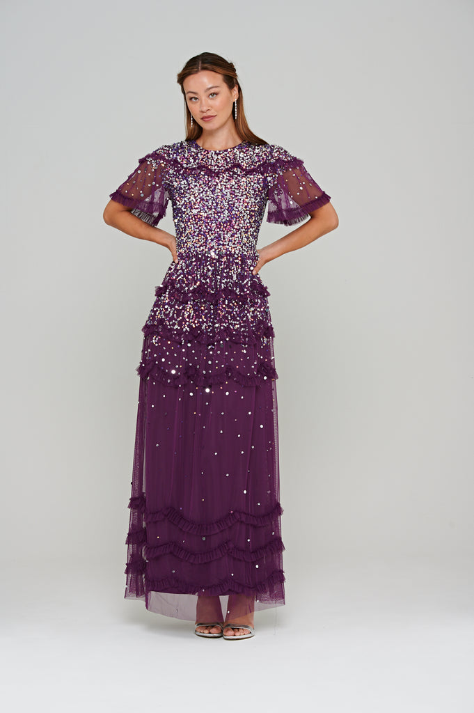 Lydia Purple Tiered Sequin Maxi Dress